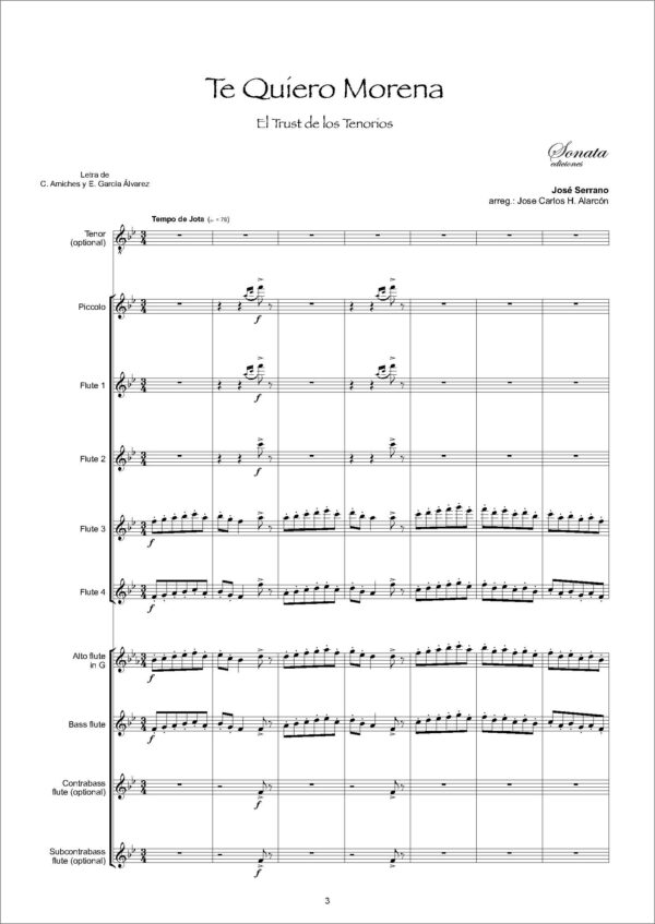 SERRANO, J.: Te quiero morena - El Trust de los Tenorios (Tenor, opcional y Orquesta de flautas) - Imagen 2