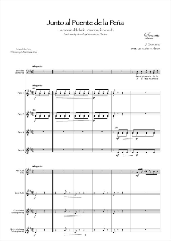 SERRANO, J.: Junto al Puente de la Peña · La canción del olvido (Tenor o barítono <opcional> y Orquesta de flautas) - Imagen 2