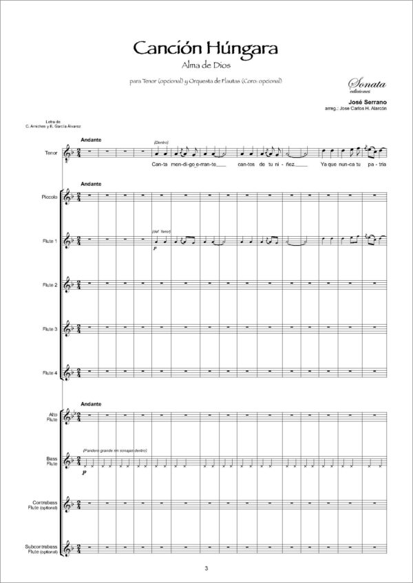 SERRANO, J.: Canción húngara · Alma de Dios (Tenor <opcional> y Orquesta de flautas) - Imagen 2